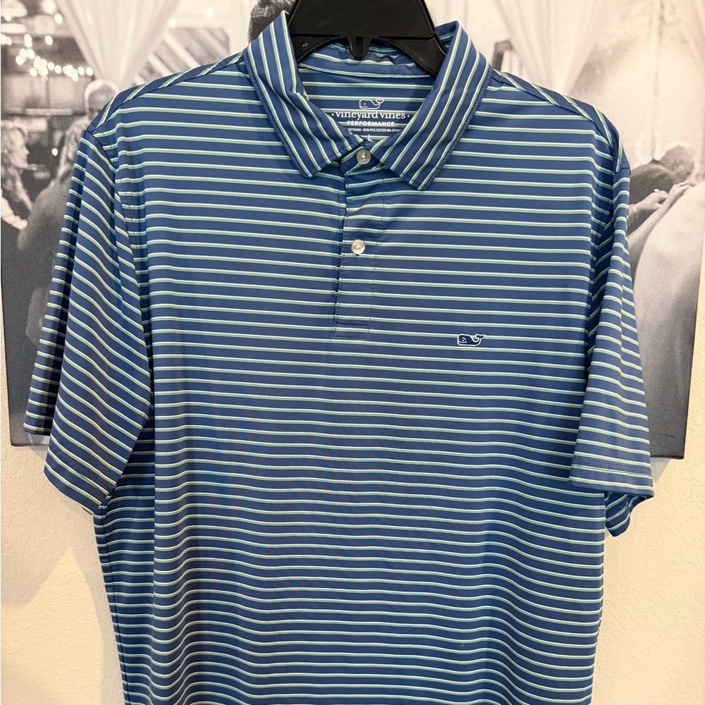 Vineyard Vines Men's Blue/Green Striped Polo Large